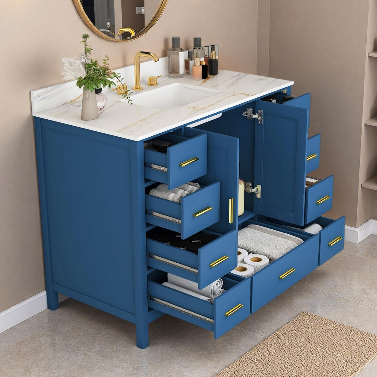 60" Bathroom Vanity Single Sink with 3 Hole, Sink Bathroom Vanity with Solid Wood Frame Storage,Soft Close Double Doors & 9 Sliding Drawers, with Gold Accents
