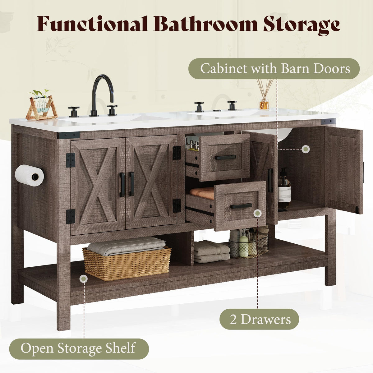 AMERLIFE 48" White Farmhouse Sink Bathroom Vanity, Solid White Top