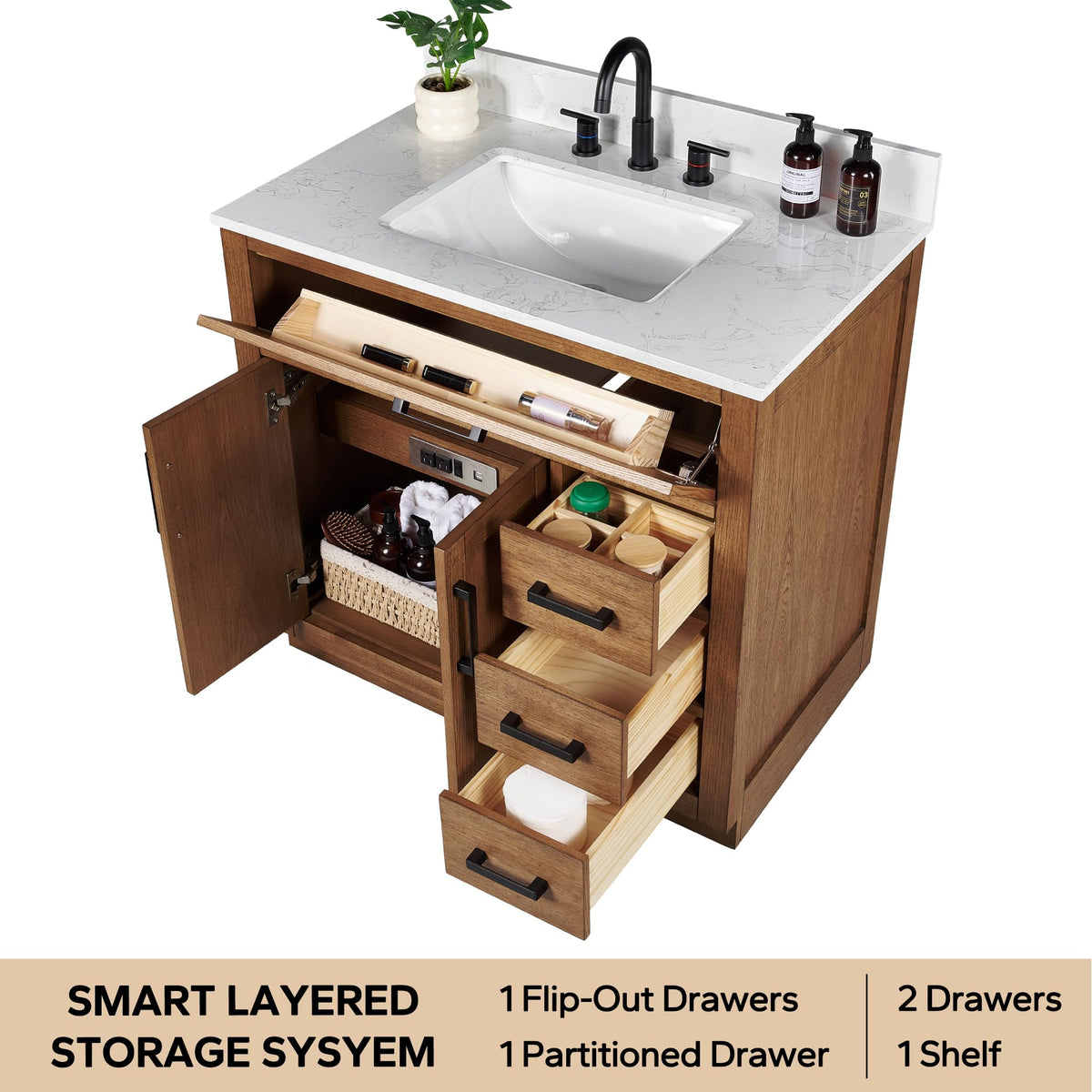 48-inch Dark Walnut Bathroom Vanity with Sink, Solid Wood, 0.79-inch Stone Countertop and Backsplash, 9 Drawers, 2 Soft Closing Doors