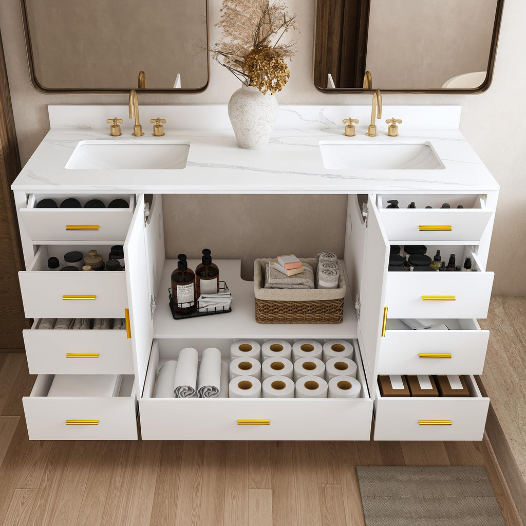 60" Bathroom Vanity Single Sink with 3 Hole, Sink Bathroom Vanity with Solid Wood Frame Storage,Soft Close Double Doors & 9 Sliding Drawers, with Gold Accents