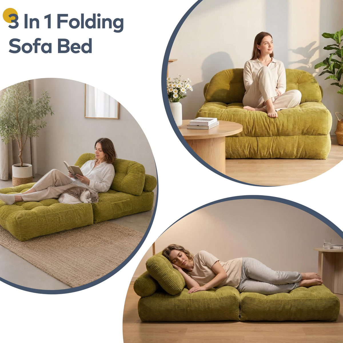Convertible Corduroy Floor Sofa, 3-in-1 Folding Lazy Sofa Bed with Adjustable Backrest, Soft Bean Bag Chair Lounger for Living Room, Bedroom, Guest Room, Oversized Sleeper Chair