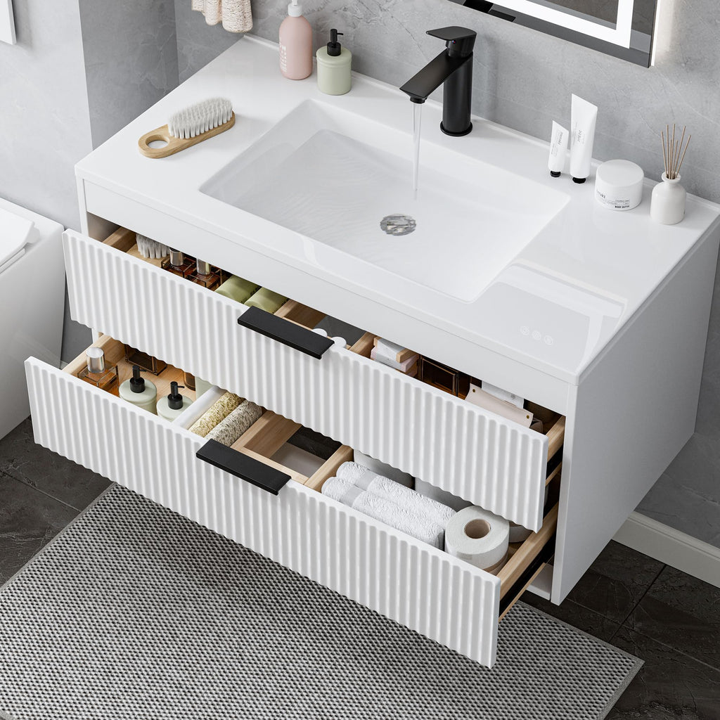 24 Inches Modern MDF Bathroom Vanity with Sink, Wall Mounted Floating Cabinets w/Double Drawers, Black Handles, White Resin Sink Combo Set (Black, 24")