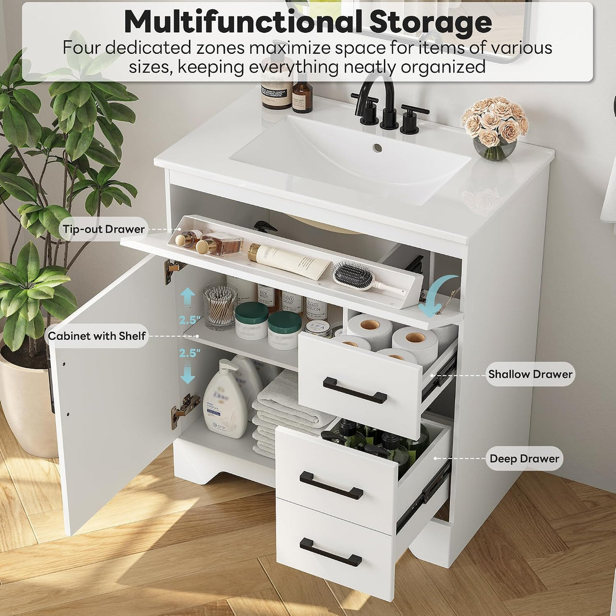 LIKIMIO 30" Bathroom Vanity with Sink, Tip-Out Drawer & 2 Drawers, 1 Door