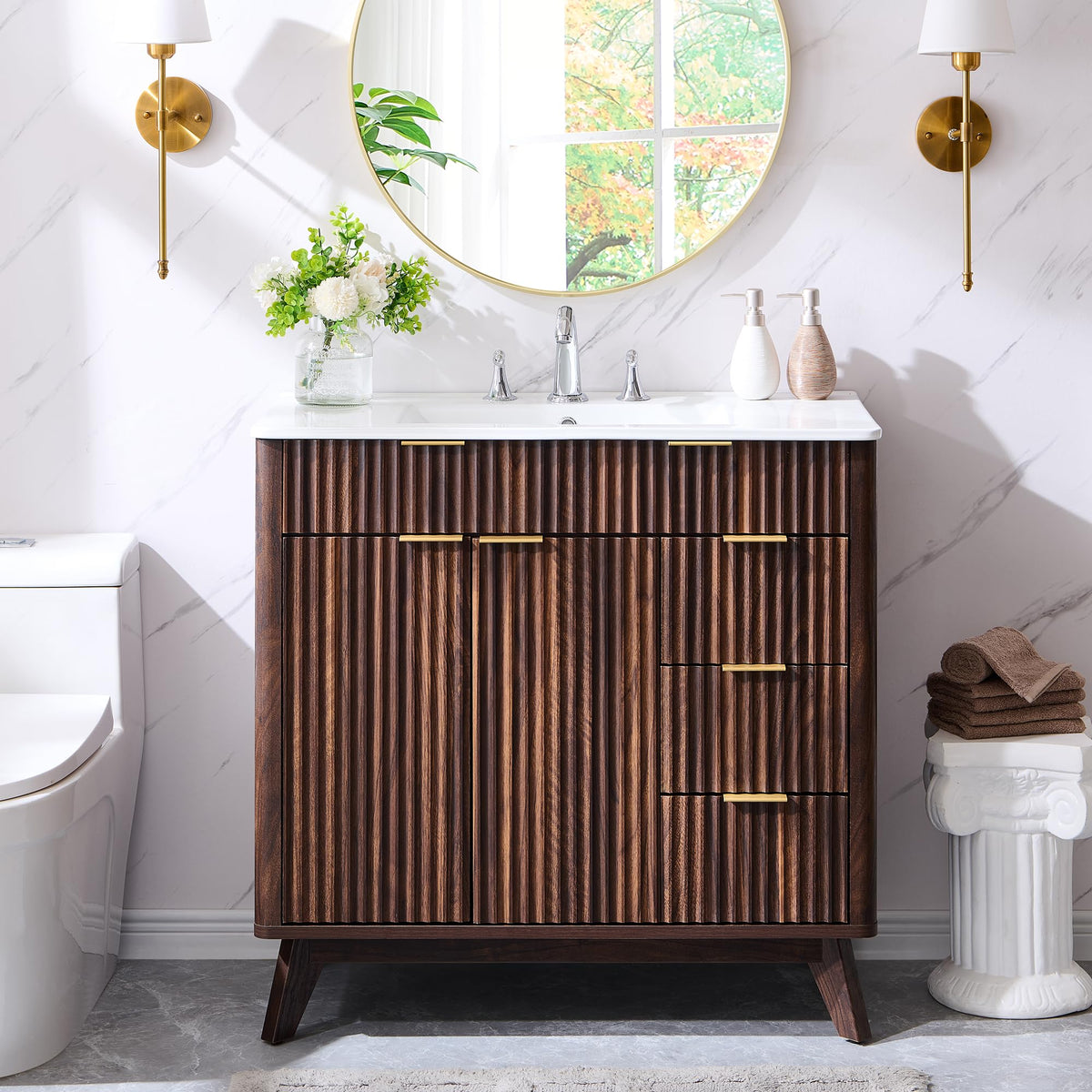 T4TREAM 60" Fluted Bathroom Vanity with Resin Sink Combo, Natural Oak