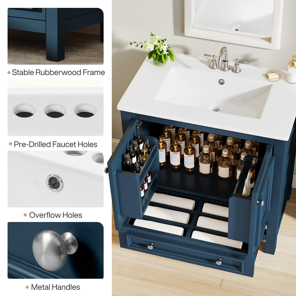 Tribesigns 30" Bathroom Vanity with Sink, Freestanding Bathroom Vanities Cabinet with Ceramic Basin Combo, Bathroom Sink Cabinet with 2 Doors and 1 Drawer, Solid Wooden Frame (Navy Blue, 30 INCH)