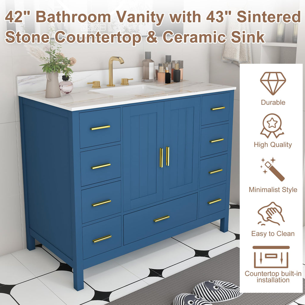 60" Bathroom Vanity Single Sink with 3 Hole, Sink Bathroom Vanity with Solid Wood Frame Storage,Soft Close Double Doors & 9 Sliding Drawers, with Gold Accents