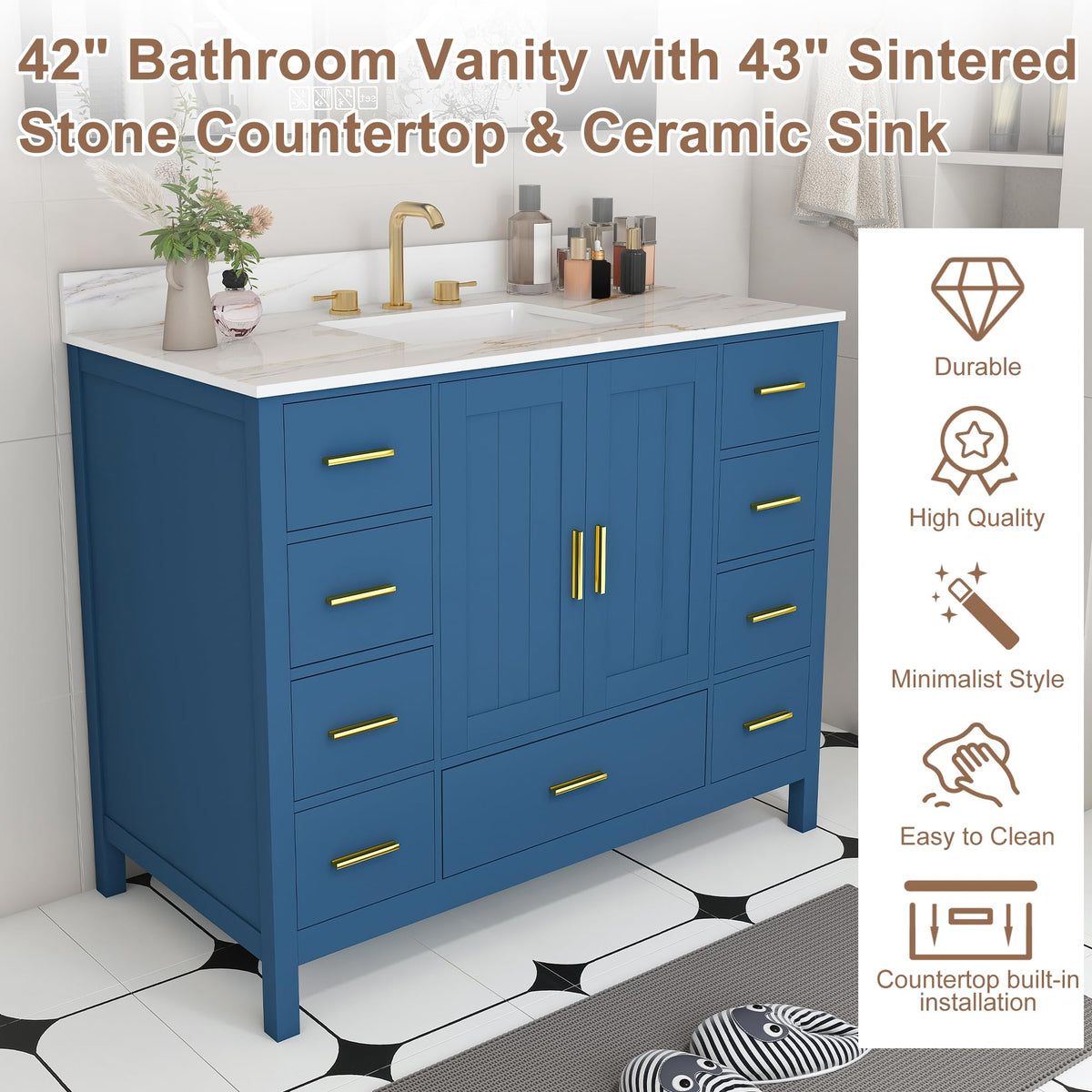 60" Bathroom Vanity Single Sink with 3 Hole, Sink Bathroom Vanity with Solid Wood Frame Storage,Soft Close Double Doors & 9 Sliding Drawers, with Gold Accents