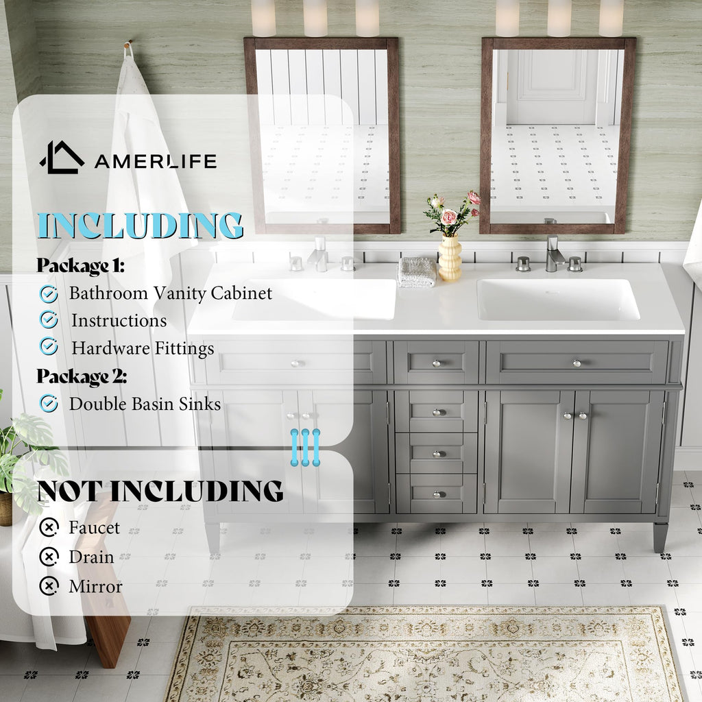AMERLIFE 60â³ Bathroom Vanity with Sink Combo & 3 Storage Drawers