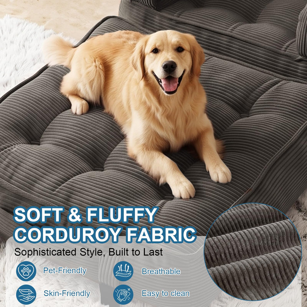 Folding Sofa Bed, Convertible Sleeper Chair with Armrests, Corduroy Foldable Boneless Bed, 3-in-1 Portable Futon Couch Floor Sofa with Pillow for Bedroom, Living Room, Orange
