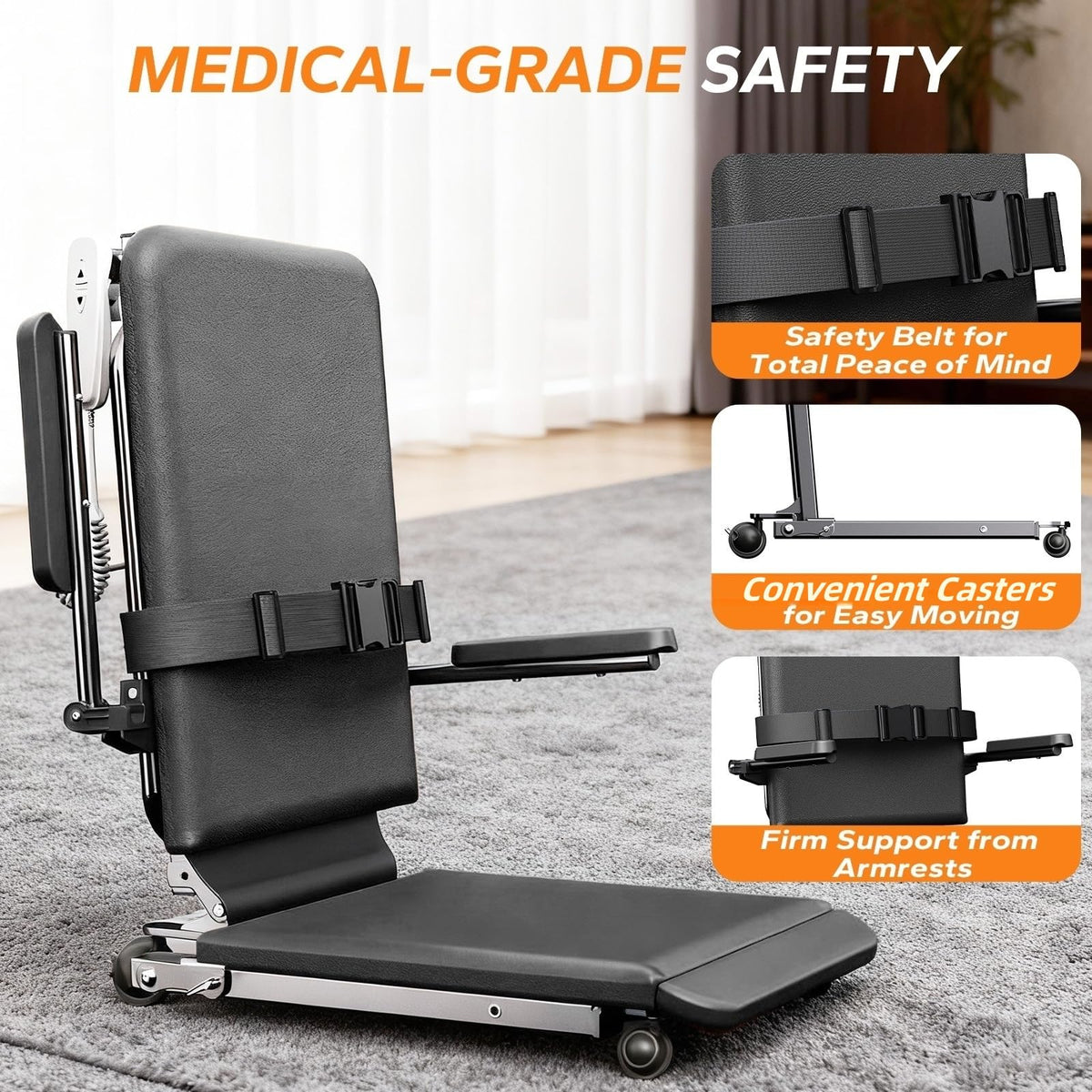 Steel Electric Floor Lift Chair with Wheels and PU Cushion, Floor Lift for Elderly, 440 LBS Capacity, Seat Belts and Handrails, Suitable for Home Use