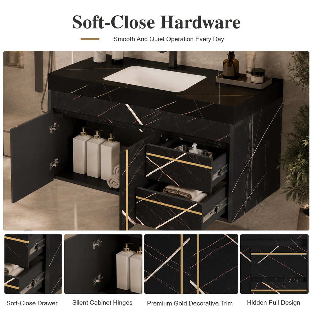 36 Inch Bathroom Vanity with Sink, Black Floating Wall Mounted Vanity