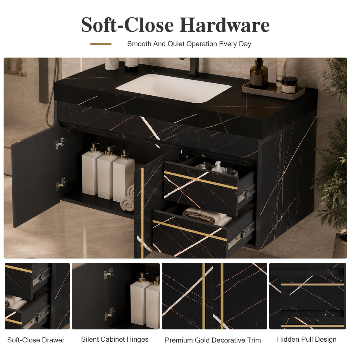 36 Inch Bathroom Vanity with Sink, Black Floating Wall Mounted Vanity