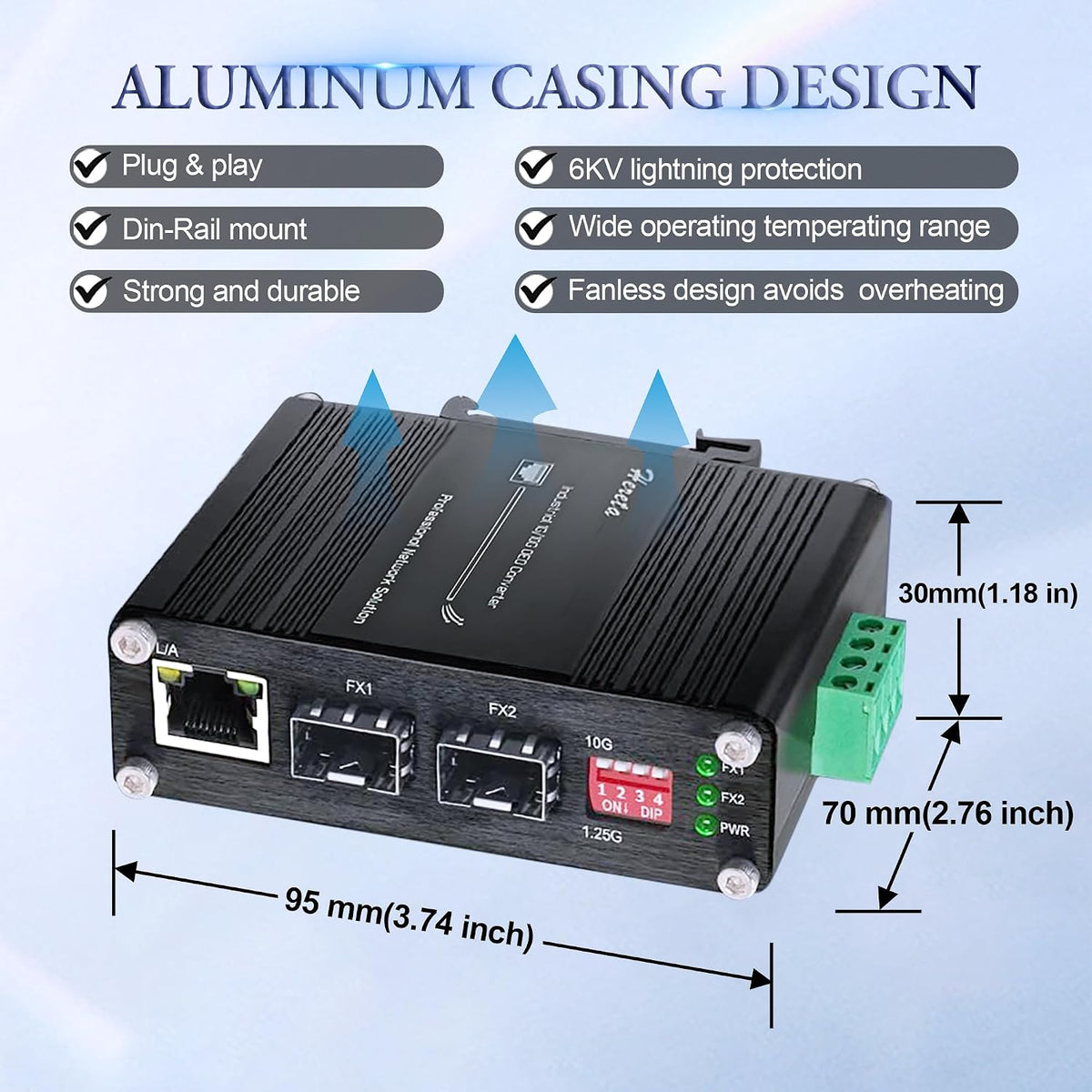 Industrial 10G SFP+ to SFP+ OEO Fiber Media Converter, 3R Repeater Extender Supports 1.25G/10G Rate Switch, Optic Transceiver up to 120km, CWDM/DWDM DDM Loopback, Redundant 12~48VDC, IP40, DIN-Rail