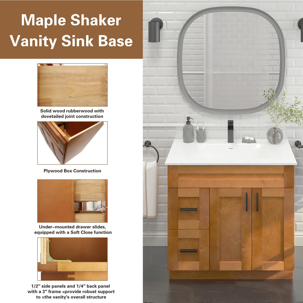 36" Maple Walnut Bathroom Vanity Base â Ready-to-Assemble Sink Cabinet with Drawers, Shaker Style Storage, Base Only, No Top or Sink