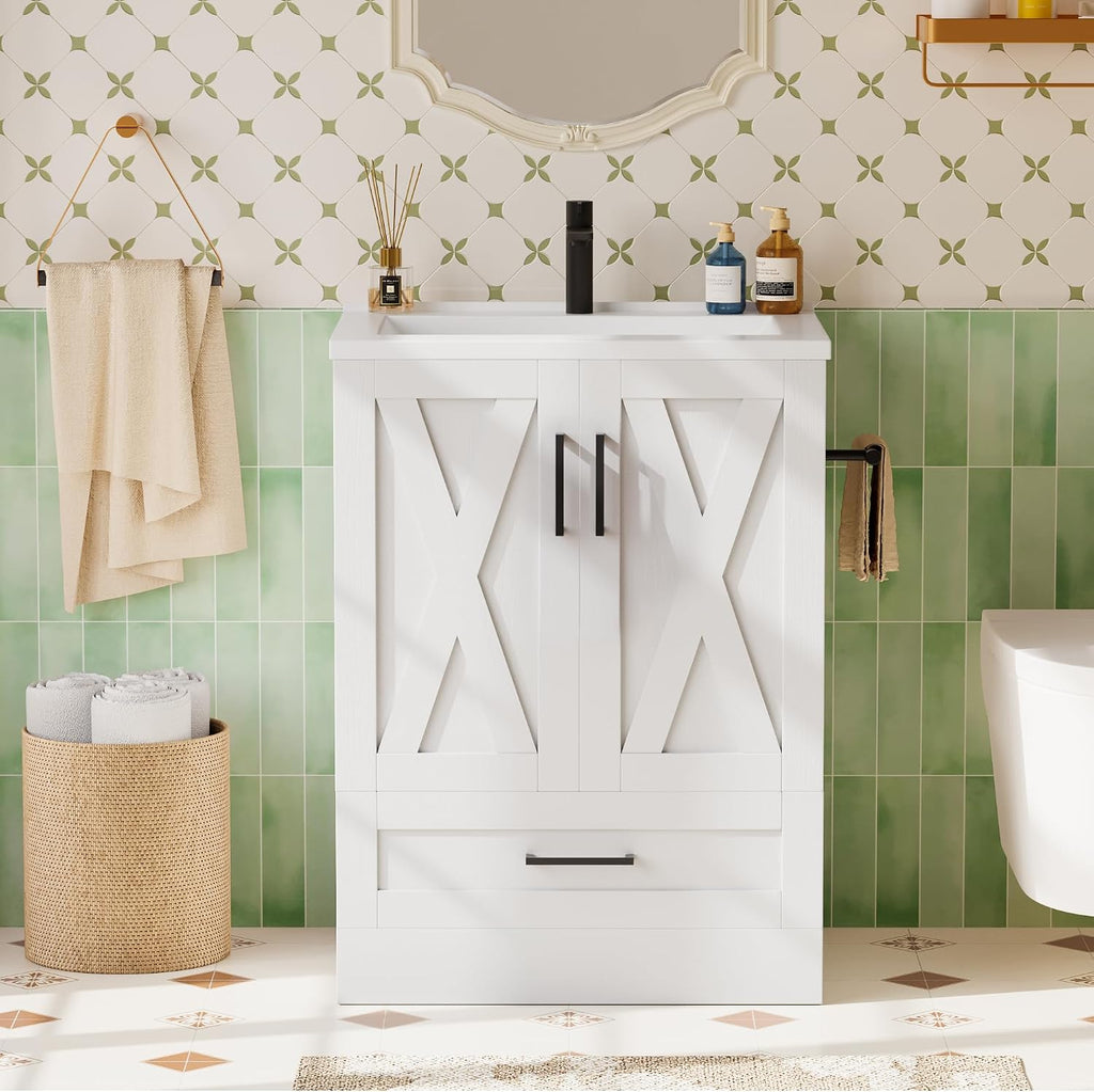 JUMMICO 24" Bathroom Vanity with Sink, Bathroom Storage Cabinet, White