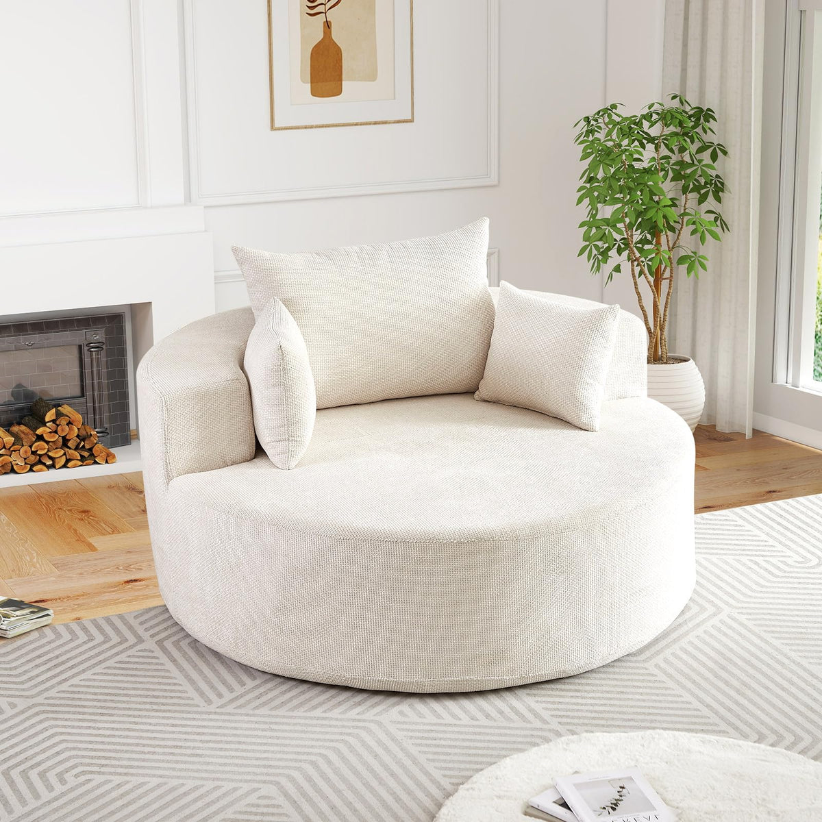 Oversized Round Chaise Longue Chair Indoor, Modern 55-inch Upholstered Corduroy Deep Seat Circle Single Cloud Lounge Floor Sofa Chair for Living Room, Bedroom Apartment, Beige