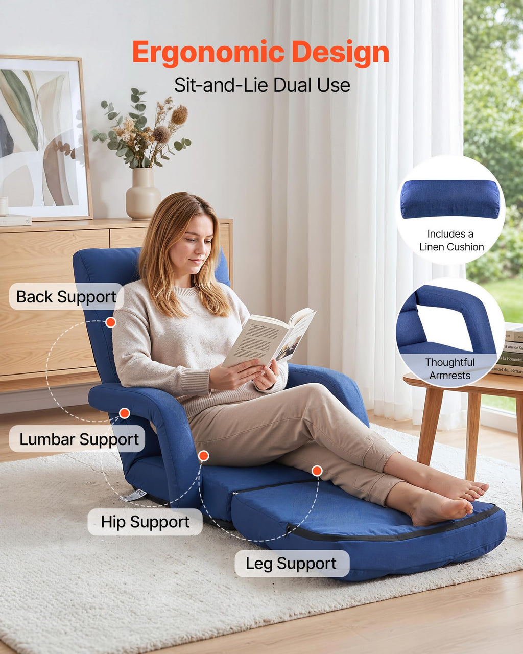 VEVOR Floor Chair, Floor Gaming Chair with 5 Adjustable Position and Back Support, Folding Lounge Chair with Armrest for Adults, Sofa Lounger with Comfy Cushion for Living Room and Bedroom, Gray