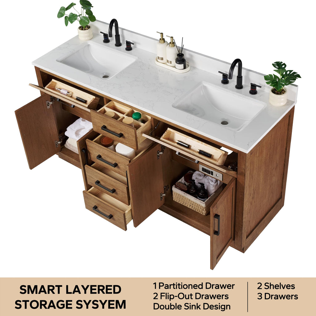 48-inch Dark Walnut Bathroom Vanity with Sink, Solid Wood, 0.79-inch Stone Countertop and Backsplash, 9 Drawers, 2 Soft Closing Doors