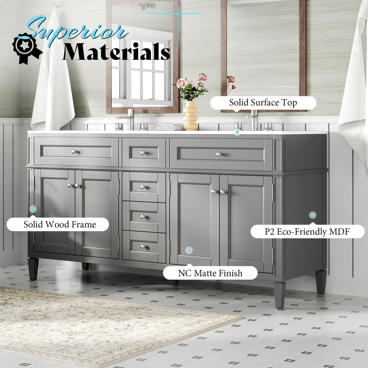 AMERLIFE 60â³ Bathroom Vanity with Sink Combo & 3 Storage Drawers