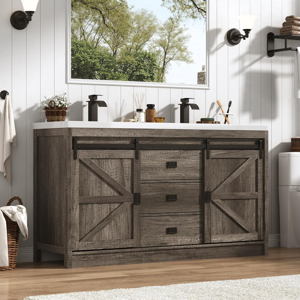 Double Bathroom Vanity with Sink & Faucet & Sewer Pipes,59" Farmhouse Bathroom Vanity Cabinet Set with 3 Storage Drawers & Sliding Barn Door,Double Sink Vanities With Metal Handle(Rustic Grey)