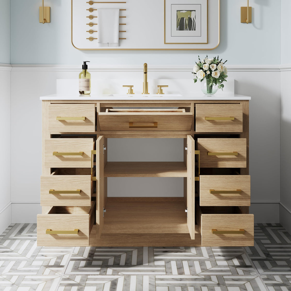 WELLFOR 36-Inch Bathroom Vanity with Sink W/ 2 Doors & 4 Drawers & 1 Flip Drawer,Navy Blue Vanity W/Matte Black Handles