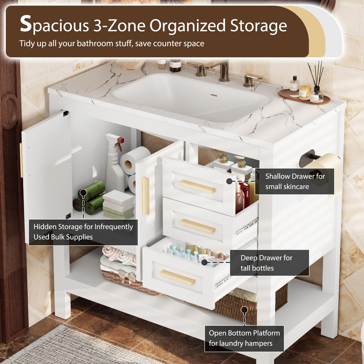 36 Inch Bathroom Vanity with Sink, Saw Cut Brown