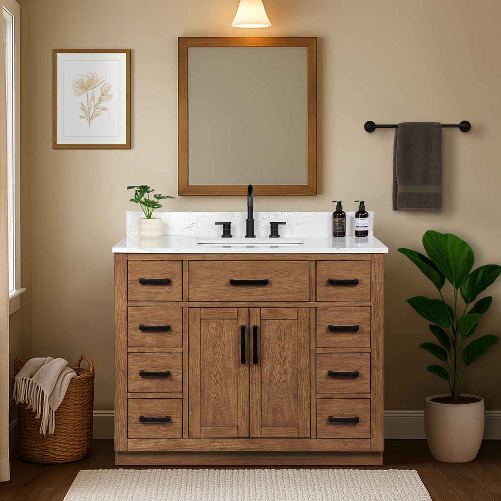 48-inch Dark Walnut Bathroom Vanity with Sink, Solid Wood, 0.79-inch Stone Countertop and Backsplash, 9 Drawers, 2 Soft Closing Doors