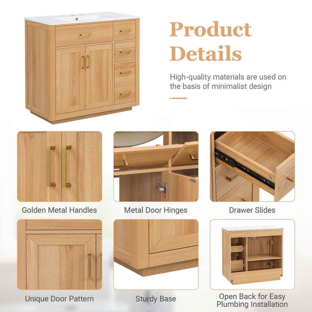 36 Inch Bathroom Vanities with Undermount Ceramic Sink, Storage Cabinet with Soft Closing Doors and Three Drawers, Solid Wood Frame, Natural Wood