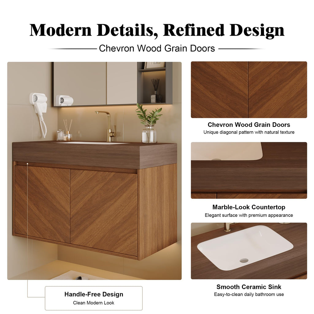 36 Inch Bathroom Vanity with Sink, Black Floating Wall Mounted Vanity