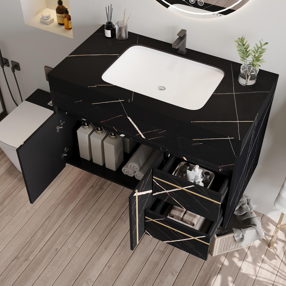 Glintee 40" Floating Bathroom Vanity & Sintered Stone Top, Black