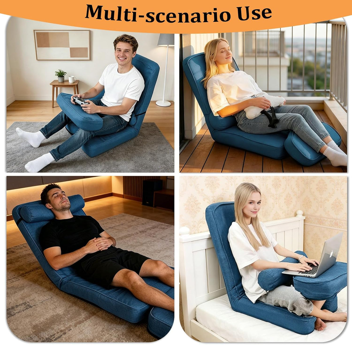 ZALL Navy Blue Floor Folding Recliner Chair Adjustable Back Support Home