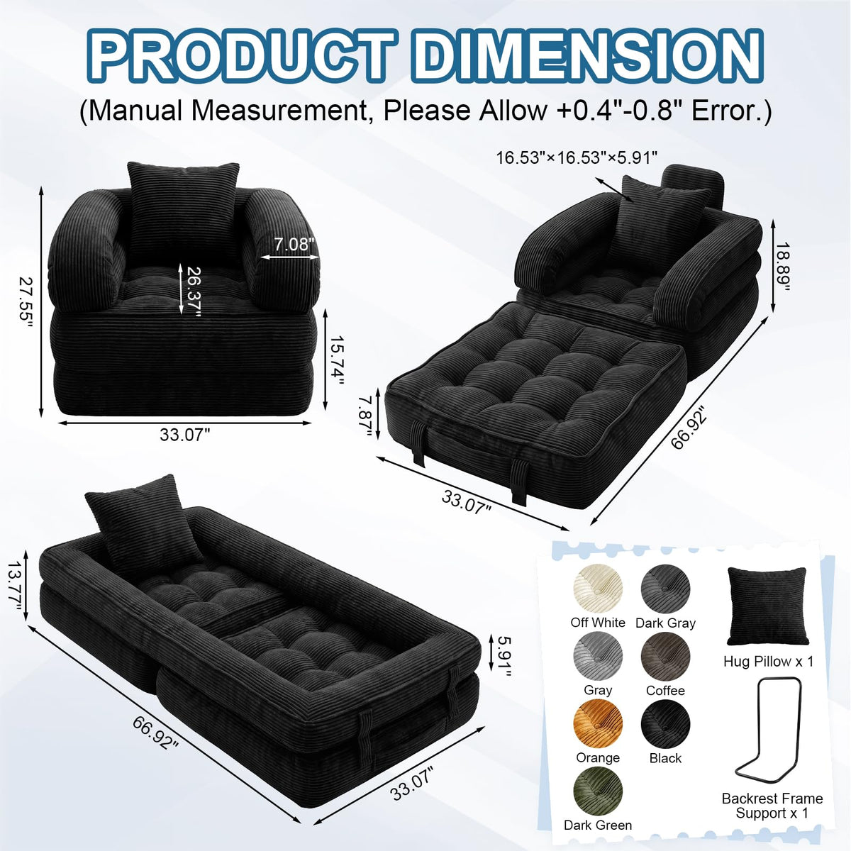 Folding Sofa Bed, Convertible Sleeper Chair with Armrests, Corduroy Foldable Boneless Bed, 3-in-1 Portable Futon Couch Floor Sofa with Pillow for Bedroom, Living Room, Orange