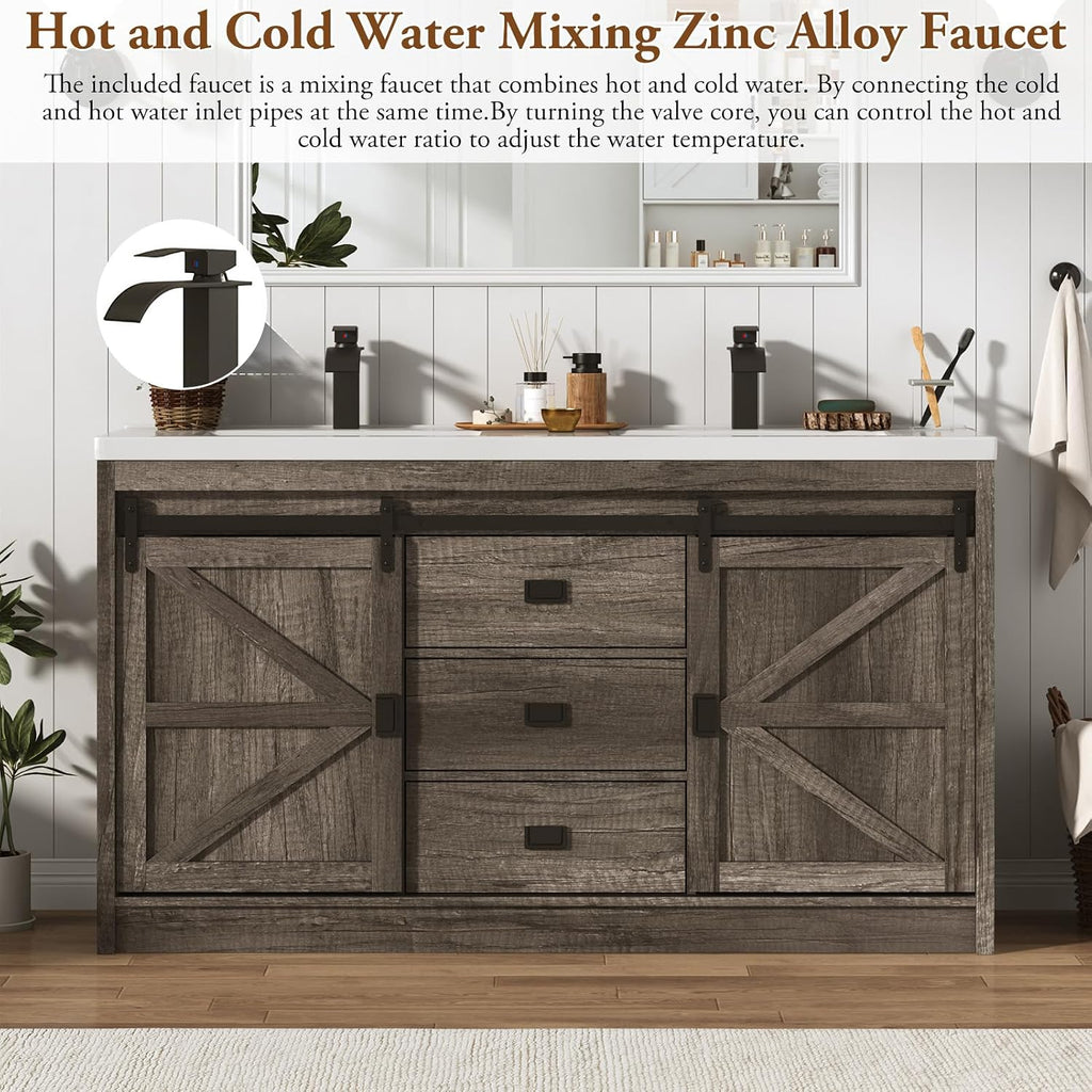 Double Bathroom Vanity with Sink & Faucet & Sewer Pipes,59" Farmhouse Bathroom Vanity Cabinet Set with 3 Storage Drawers & Sliding Barn Door,Double Sink Vanities With Metal Handle(Rustic Grey)