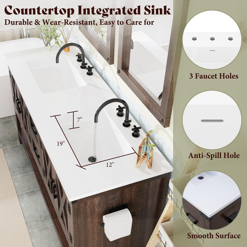 AMERLIFE 48" White Farmhouse Sink Bathroom Vanity, Solid White Top