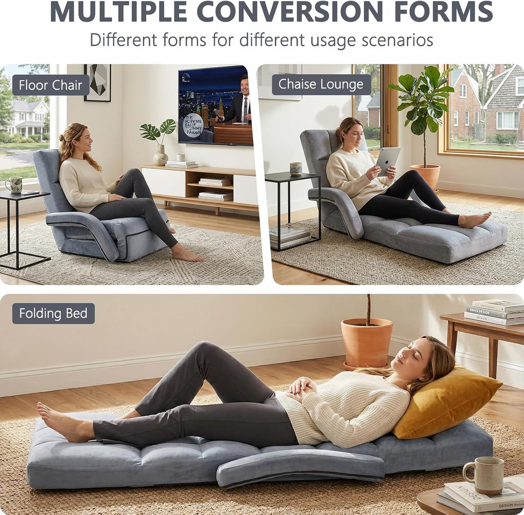 Velvet Adjustable Floor Gaming Chair with 14-Positions, Folding Floor Chair with Back Support, Indoor Floor Chairs with Armrest for Living Room, Bedroom, Balcony, Grey