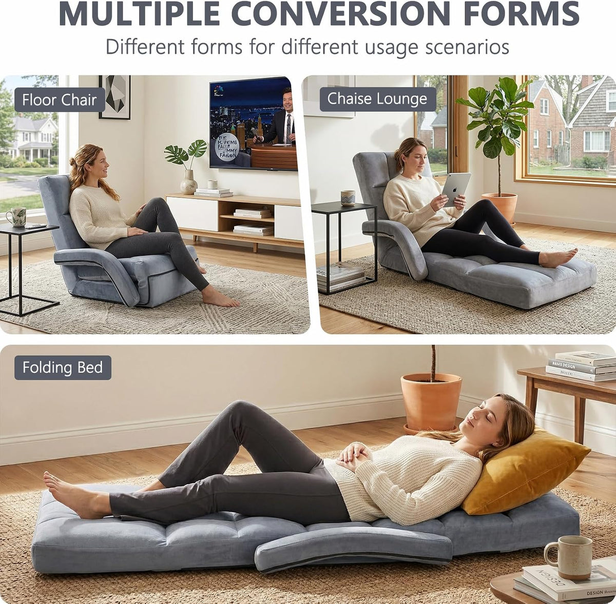 Velvet Adjustable Floor Gaming Chair with 14-Positions, Folding Floor Chair with Back Support, Indoor Floor Chairs with Armrest for Living Room, Bedroom, Balcony, Grey
