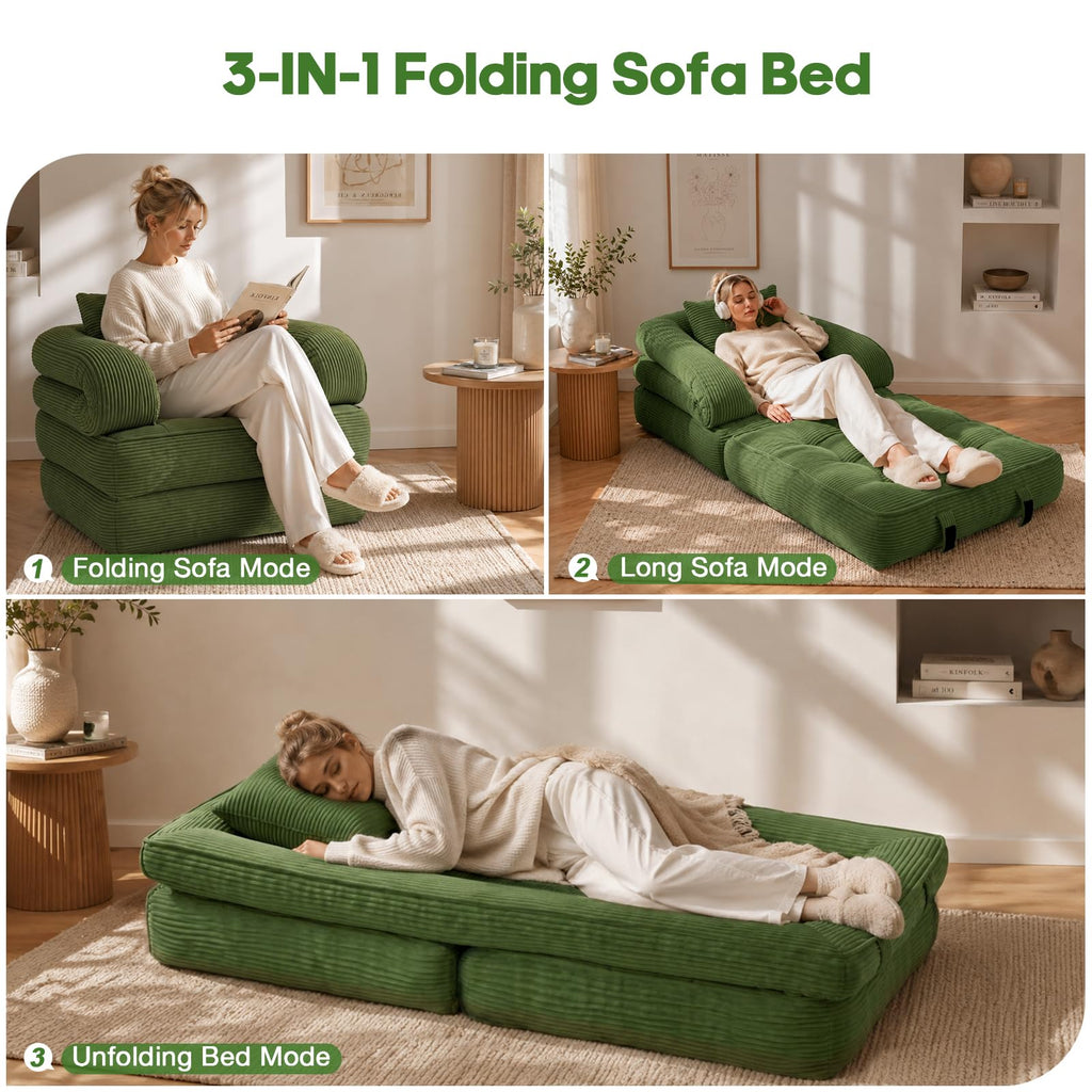 Folding Sofa Bed, Convertible Sleeper Chair with Armrests, Corduroy Foldable Boneless Bed, 3-in-1 Portable Futon Couch Floor Sofa with Pillow for Bedroom, Living Room, Orange
