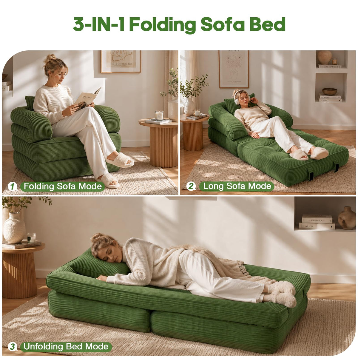 Folding Sofa Bed, Convertible Sleeper Chair with Armrests, Corduroy Foldable Boneless Bed, 3-in-1 Portable Futon Couch Floor Sofa with Pillow for Bedroom, Living Room, Orange