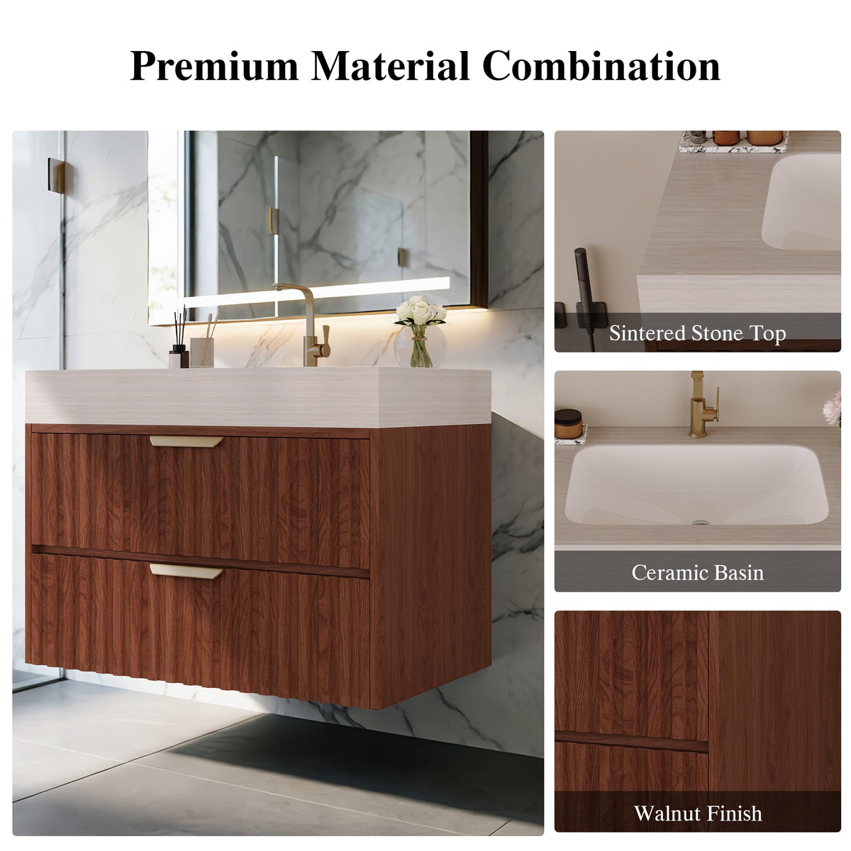 36 Inch Bathroom Vanity with Sink, Black Floating Wall Mounted Vanity
