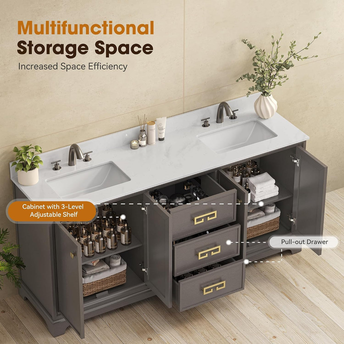 72 Inch Double Sink Bathroom Vanity Solid Wood, Fully Assembled