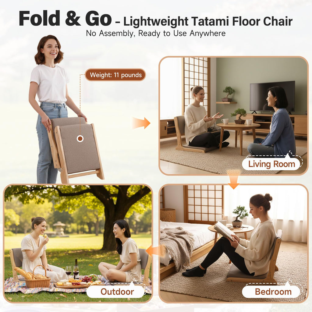 Tiita 2-Pack Foldable Meditation Floor Chairs with Back Support, Wood Grey