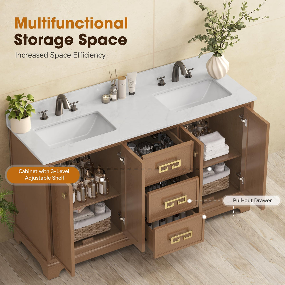 72 Inch Double Sink Bathroom Vanity Solid Wood, Fully Assembled