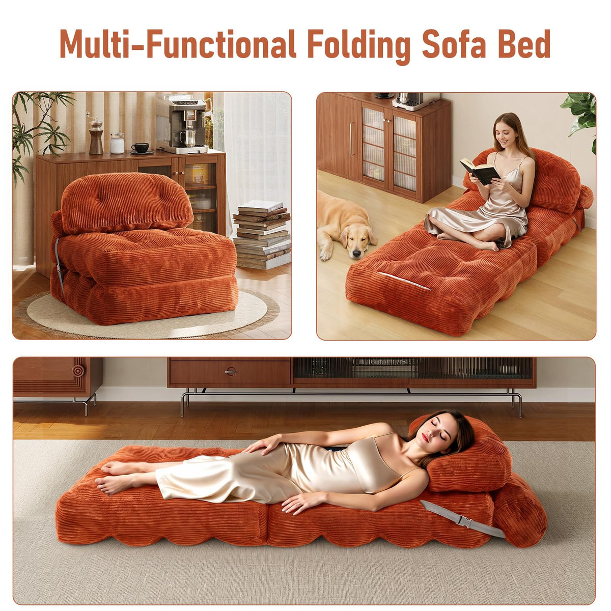 Folding Sofa Bed, Convertible Sleeper Chair with Back Support and Pillow