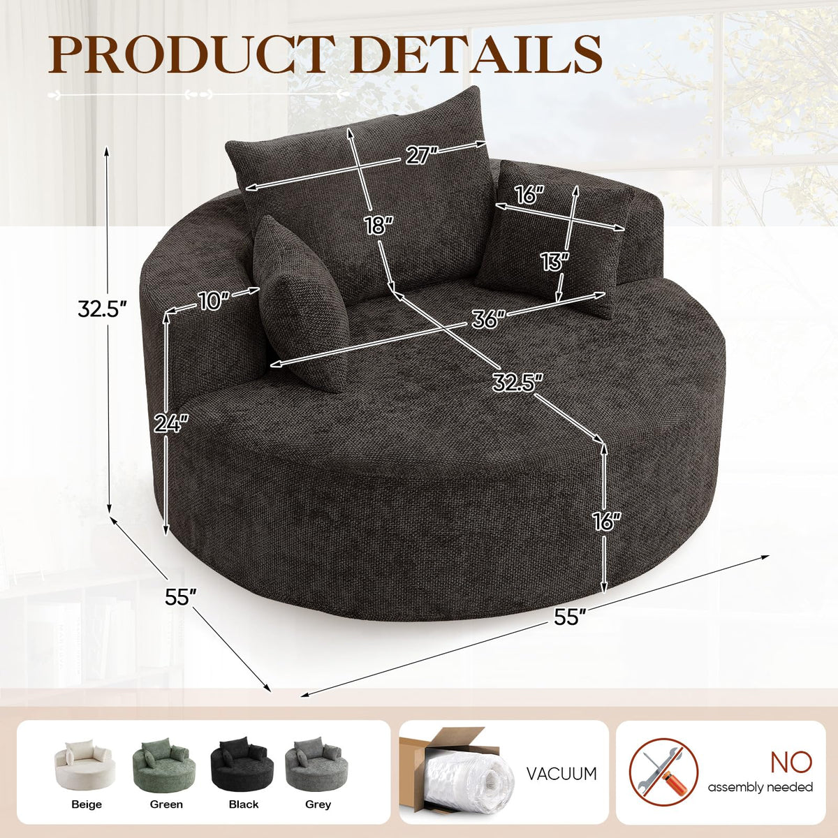 Oversized Round Chaise Longue Chair Indoor, Modern 55-inch Upholstered Corduroy Deep Seat Circle Single Cloud Lounge Floor Sofa Chair for Living Room, Bedroom Apartment, Beige