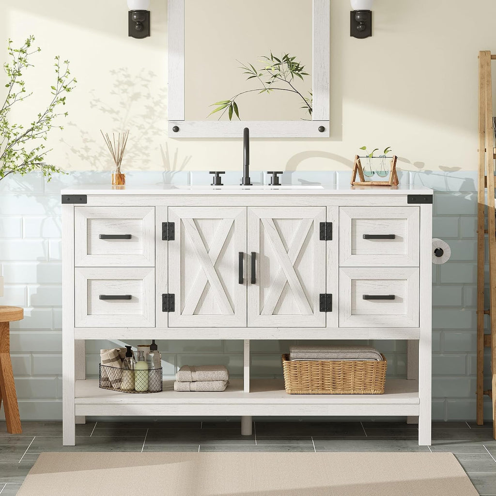 AMERLIFE 48" White Farmhouse Sink Bathroom Vanity, Solid White Top