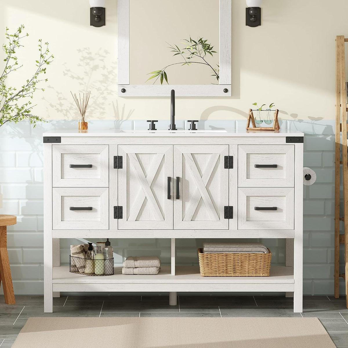 AMERLIFE 48" White Farmhouse Sink Bathroom Vanity, Solid White Top