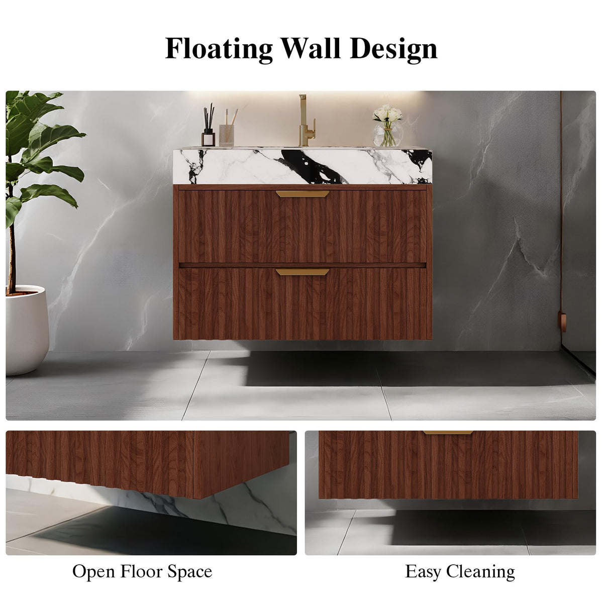 36 Inch Bathroom Vanity with Sink, Black Floating Wall Mounted Vanity