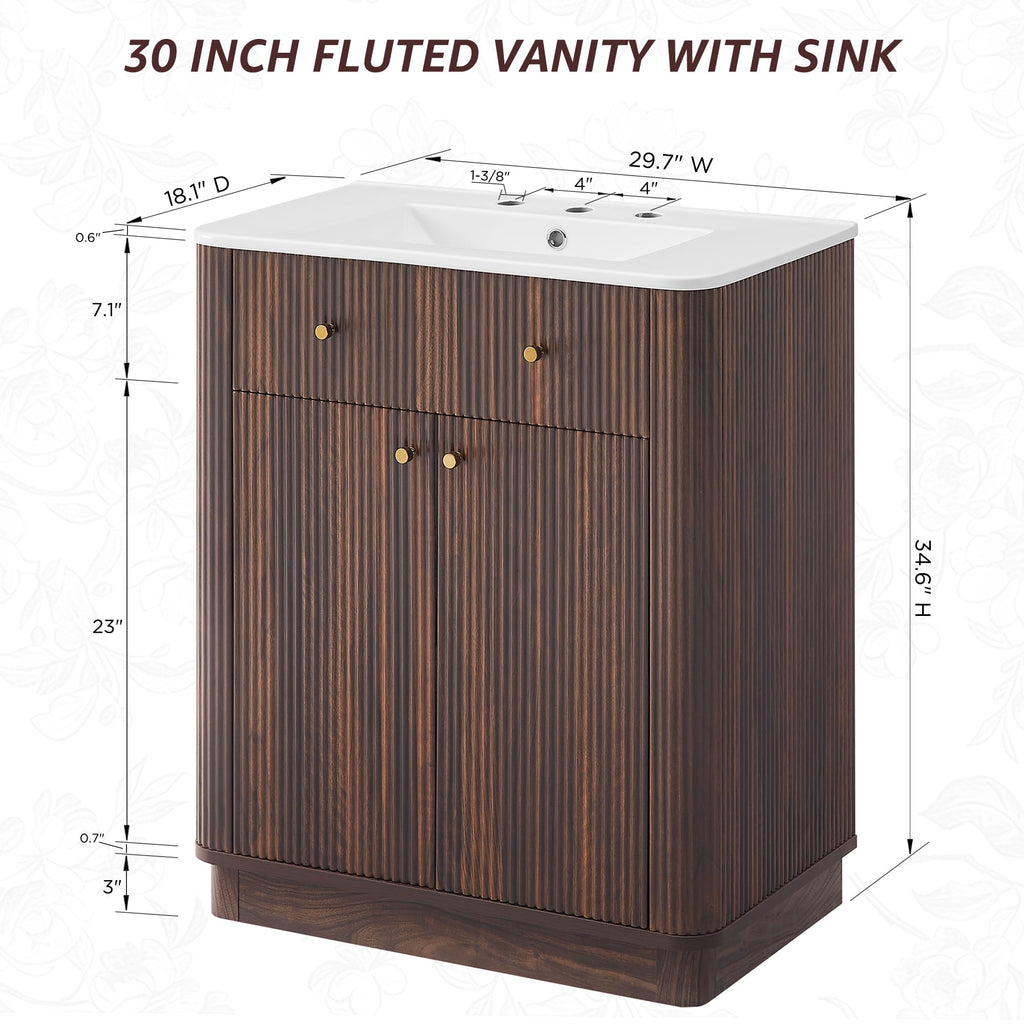 T4TREAM 36" Fluted Bathroom Vanity with Single Sink, Natural Oak