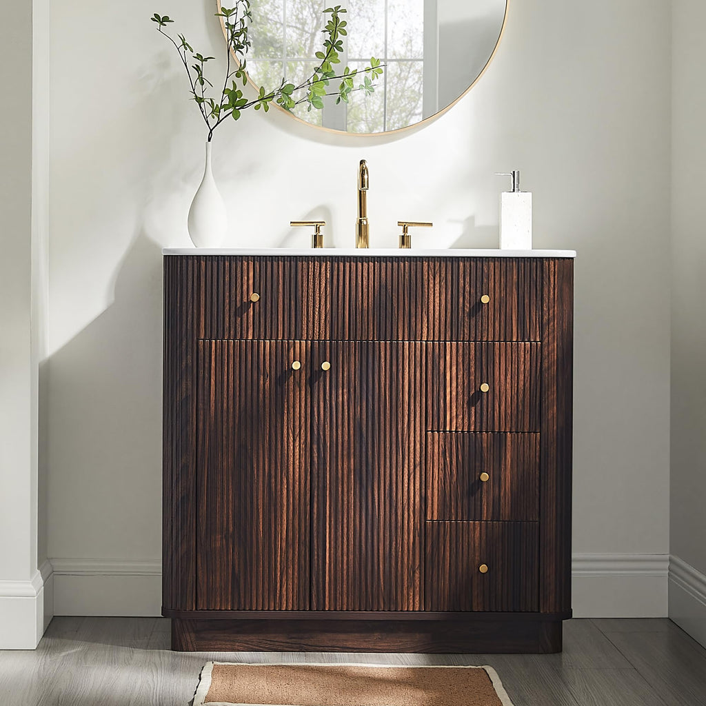 T4TREAM 36" Fluted Bathroom Vanity with Single Sink, Natural Oak