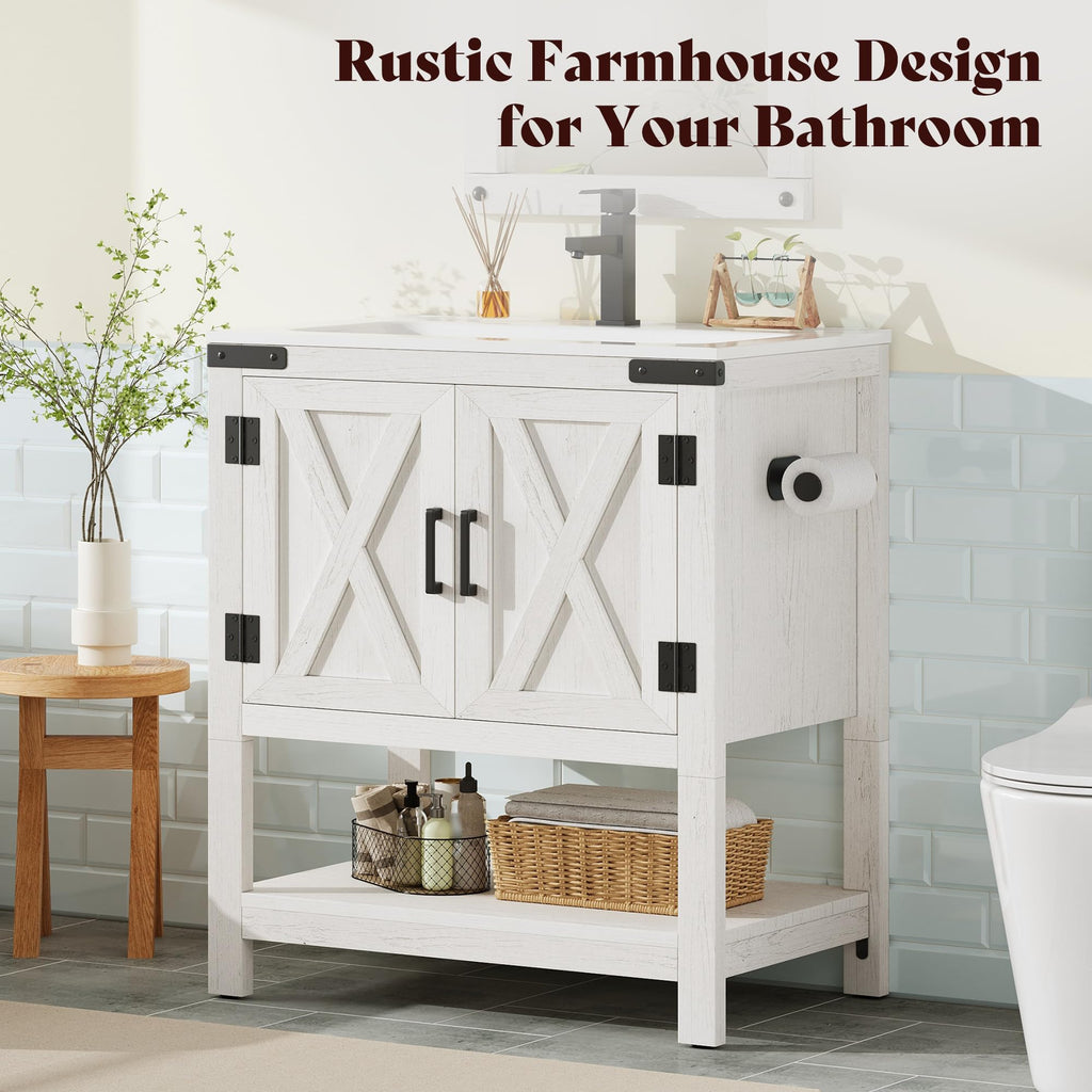 AMERLIFE 48" White Farmhouse Sink Bathroom Vanity, Solid White Top
